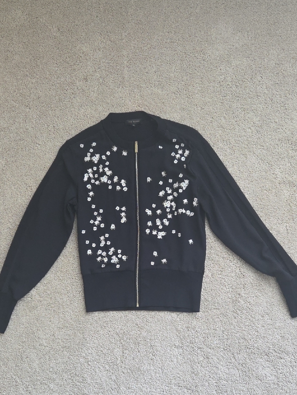 Ted Baker London Black Bomber Jacket with White Floral Embellishments